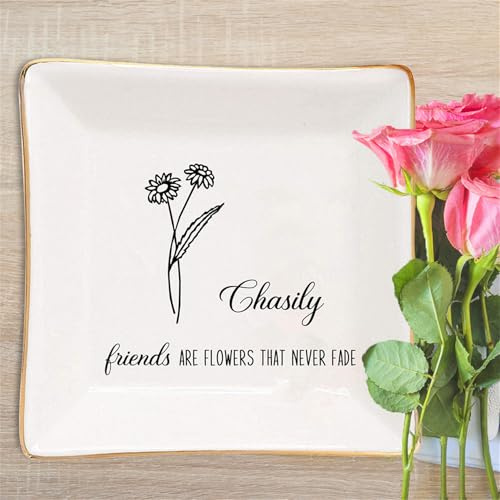 Piatto personalizzato per gioielli con fiore di nascita e nome Amici fiori in ceramica