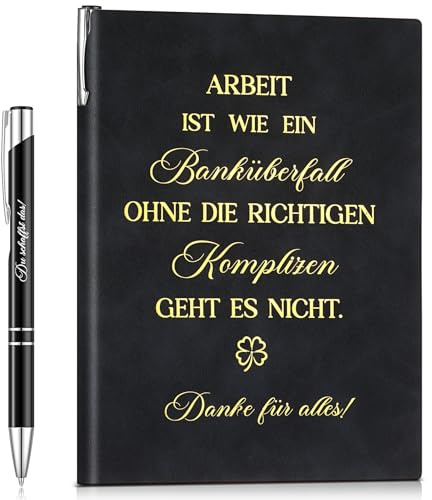 Clabby 2er Set Geschenk für Kollegen A5 Notizbuch Kugelschreiber, Schwarz | PU Leder, Notizblock mit Spruch, Arbeit Ist Wie Ein Banküberfall, Motivierender Kugelschreiber, Dankesgeschenk Mitarbeiter