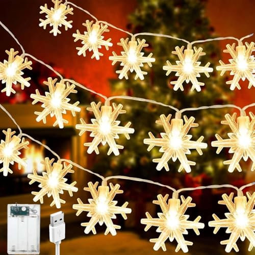 Pipiruew 6M 40 LED Decorazioni Natalizie Luci Natale Luci di Natale Catena Luminosa Fiocco di Neve Fiocco di Neve a Batteria USB Luci Illuminazione Decorativa per Albero di Natale (Fiocco di Neve)