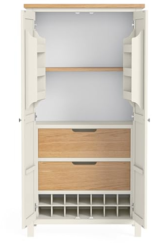 RoselandFurniture Farro Cream 2 Door Kitchen Larder Cabinet | Pantry Cupboard with Oak Top and Wine Rack, Painted Finish, Classic British Style, H185cm W95cm D50cm