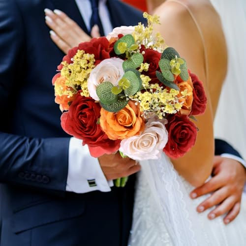M METERXITY Bouquet da Sposa per Sposa, Bouquet di Fiori Artificiali per Matrimonio Bouquet Nuziale per Sposa/Dama Onore, Bouquet Multicolore con Nastro Seta [Rosso]