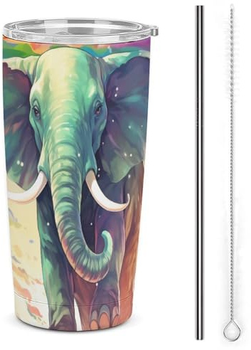 3D Printing Colourful Elephants Stainless Steel Thermal Travel Mug - Leakproof and Insulated - Includes Straw and Cleaning Brush 20oz