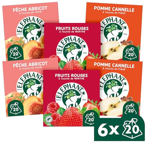 Éléphant, Pack Fruités Best Sellers, Assortiment de 3 Infusions: Fruits Rouges, Pêche Abricot, Pomme Cannelle | 100% d'ingrédients d'origine naturelle, Lot de 6 x 20 sachets, 120 Sachets Pyramid