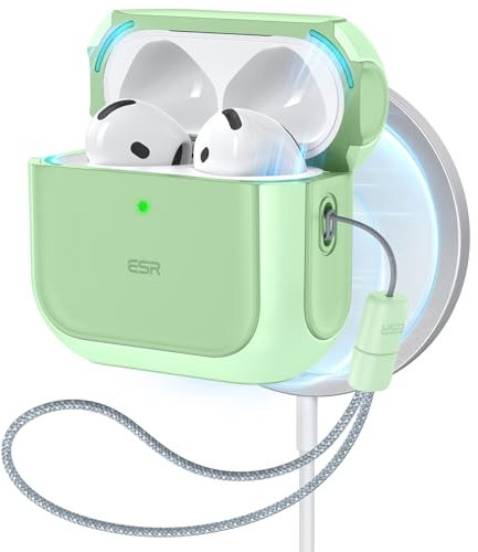 ESR für AirPods 4 Hülle, kompatibel mit AirPods 4 Gen (2024) (USB-C), Unterstützt kabelloses Laden, Schutzhülle mit Handschlaufe, Magnetischer Deckel, Orbit Hybrid Hülle, Hellgrün