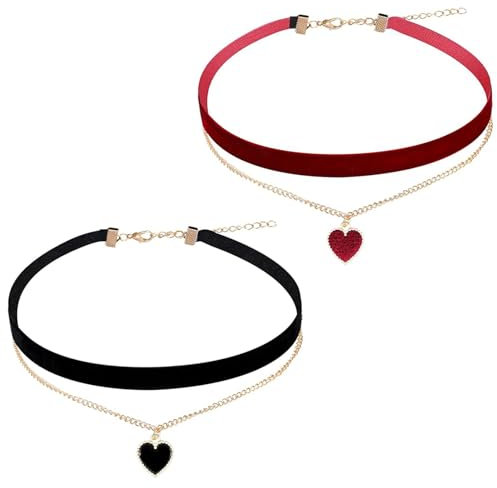 2 Stück Choker Kette Damen, Joker Kette, Punk Gothic Verstellbare Herz Choker Rot Schwarze, Klassischer Eleganter Schwarzes Rote Kette Choker Halskette für Teenager Mädchen Trachtenschmuck Damen