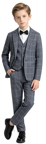 Boys Suit 5 Piece Tuxedo Set Wedding Christening Outfit, 3-12 Years | Page Boy Plaid Suit for Kids, Blazer Shirt Waistcoat and Trousers Set with Tie, Formal Smart Suit for Communion Prom Ceremony