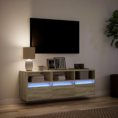 IKAYAA Mueble TV Suspendido con iluminación LED 130x31x45 cm Mesa TV Flotante Mueble TV Colgante Mueble de Salón Suspendido con Compartimiento con 3 Cajones Roble Sonoma
