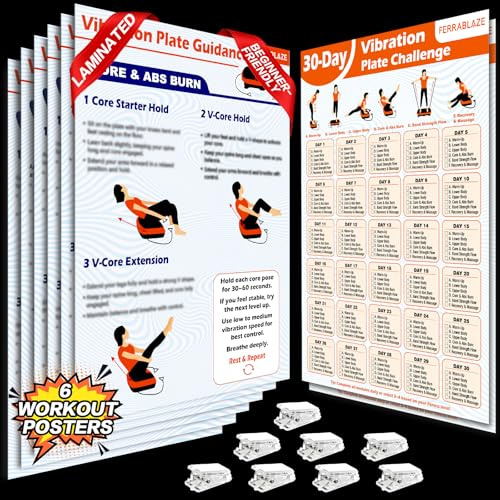 Piastra vibrante con macchina per esercizi, 6 tabelle di allenamento a doppia laminazione + 2 pianificatori fitness per piastra vibrante, guida per tutto il corpo per routine di drenaggio linfatico
