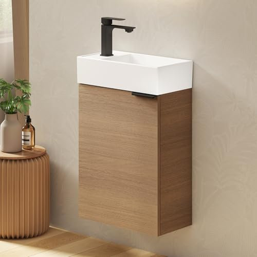 EMKE Waschtisch mit Unterschrank 41 cm, Badmöbel-Set mit Keramikwaschbecken – ideal für Gäste-WC & kleines Bad, Waschbecken mit Unterschrank, Sonoma Eiche