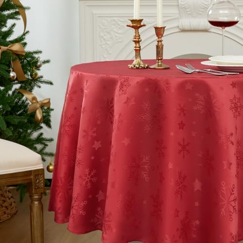 Romanstile runde Weihnachtstischdecke 160 cm Rot abwaschbar & wasserabweisend,Jacquard Sterne & Schneeflocke,Tischdecke rund für Ferien,Christmas,Festliche Deko,Xmas