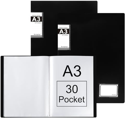 Srvnpioy Lot de 2 Classeur de Présentation à 30 Pochettes 60 vues, Format A3, Porte-Vues A3 Présentation Affichage du Livre Protège Document pour Portfolios, Dessin et Peinture (Noir)