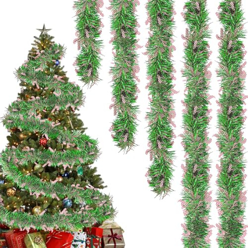 Christmas Tinsel Garland 32ft Xmas Tree Metallic Tinsel Garland Candy Cane Party Hanging Decoration Green