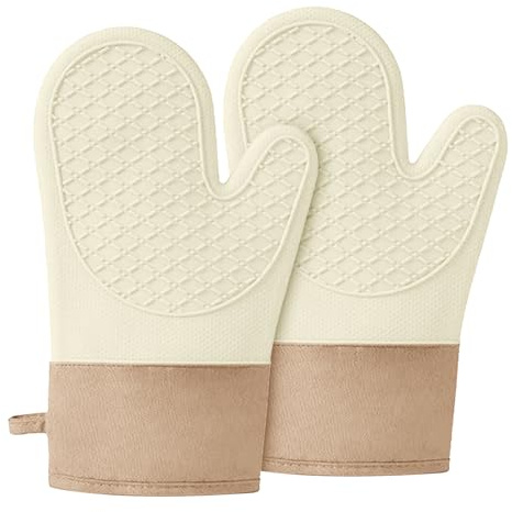 Silicone Oven Mitts，Heat Resistant up to 500°F, Oven Gloves with Soft Lining, Non-Slip Kitchen Essentials, Kitchen Gadgets, Apartment Essentials, Great Gift for Cooking (beige-1pair)