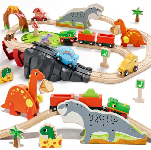 Lehoo Castle Holzeisenbahn, Dinosaurier Spielzeug für Kinder ab 3 Jahren | Dino Zug mit 2 Waggons, Vulkantunnel, Magnetkran, Kompatibel mit Gängigen Holzschienen, Geschenk für Jungen und Mädchen