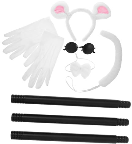 DEARMAMY Ensemble D'Accessoires De Costume Souris Adulte Femme DéGuisement Souris Blanche Halloween Avec Bandeau Oreilles Lunettes De Soleil Blancs Canne Aveugle Et Queue Pour FêTe
