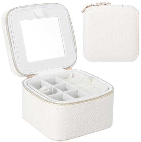 DesignSter Schmuckkästchen Reise, Schmuckkästchen Klein, Weizenmuster Reise Schmuckaufbewahrung mit Spiegel, 2 Ebenen Tragbar Schmuckschatulle für Ringe, Ohrringe, Halskette, Beige