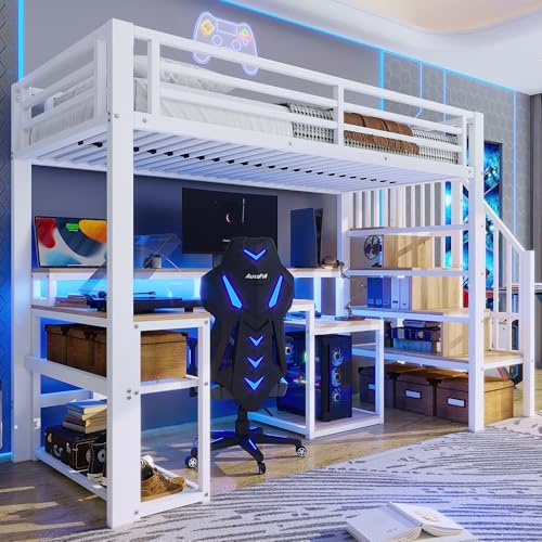 BTM Metall Kinder Hochbett 90x200 mit Schreibtisch & Rausfallschutz Weiß