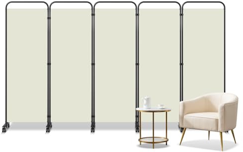 Jayseuw Paravent, Raumteiler klappbar auf Rollen 5-teilig 284x181 cm, Wetterfester Paravent für Büro Garten Balkon Terrasse innen(Beige)