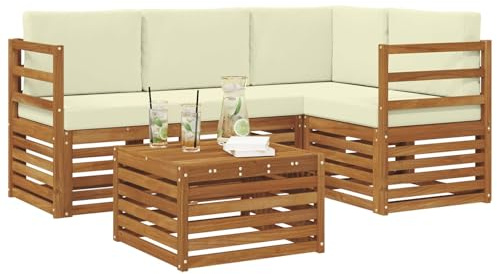 vidaXL Sofagarnituren 5 pcs Natur und Creme Massivholz Akazie, Moderne Gartensofa-Gruppe, stylische Möbel, gemütliche Lounge, Akazie und Holz für die Terrasse