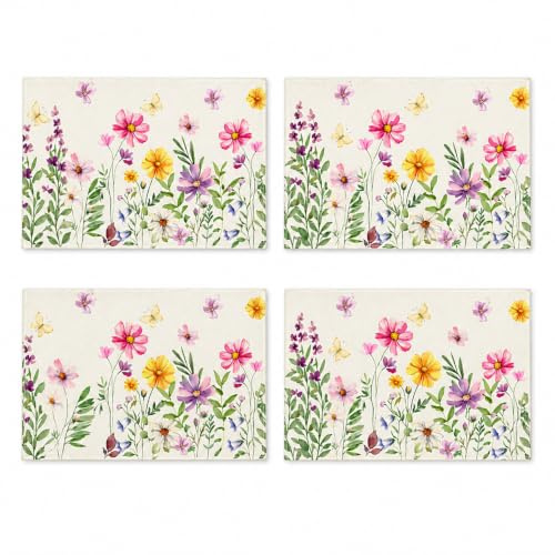 Xiciki 4er Set Platzsets Abwaschbar, Wildblumen Frühling Tischset 30x45 cm