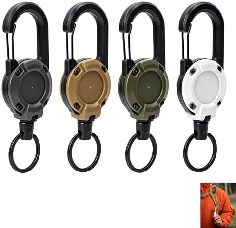 4 st infällbar nyckelhållare, robust rulle, kabel i stål, 64 cm, utdragbar ID-hållare, robust, flerfärgad, taktisk nyckelhållare, åtkomstkort, arbete, camping, kontor, daglig användning