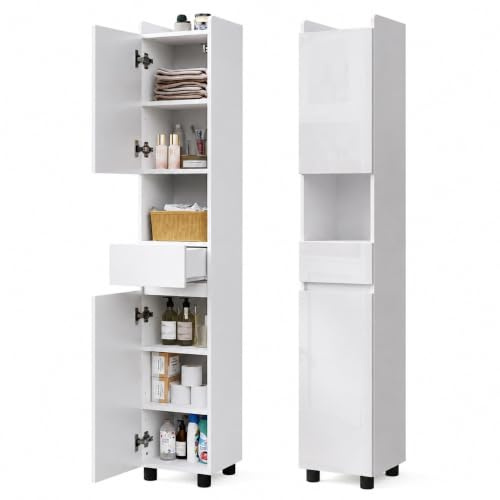 Mondeer Tall Slim Bathroom Cabinet with High Gloss Doors | Freestanding Storage Unit with Drawer, Open Compartments and Adjustable Shelves for Small Space , 30x30x170cm White