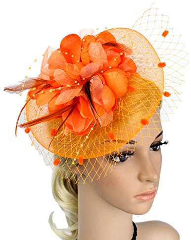 OULII Pince à Cheveux Plume Fascinator Femmes Mariée Broche Fleur Corsage Pour Mariage (Orange)