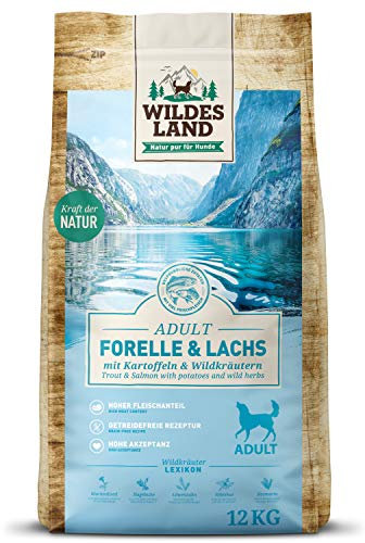 Wildes Land - Nr. 6 Forelle & Lachs - 12 kg - mit Kartoffeln und Wildkräutern - Glutenfrei - Trockenfutter für Hunde - Hundefutter mit hohem Fleischanteil - Hohe Verträglichkeit