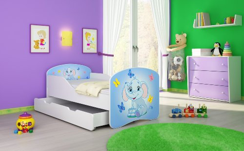 ACMA I Lit Enfant Bébé TIROIR Matelas sommier Gratuite Meubles pour Enfants (26 Petit éléphant fond bleu, 160 x 80 cm + tiroir)