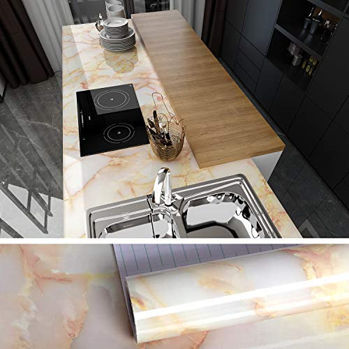 VEELIKE Papier Peint Marbre Jaune 40cm x 900cm Papier Adhesif Marbre Auto-adhésif Papier Adhesif pour Meuble Cuisine Imperméable Papier Peint Adhesif Decoratif Vinyl Adhesif Salle de Bain Toilette