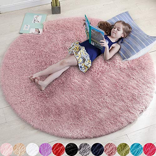 Tapis rond à poils longs pour chambre à coucher, chambre d’enfant ou dortoir, tapis pelucheux et moelleux, décoration mignonne pour bébé/adolescente, 1,2 x 1,2 m, rose clair