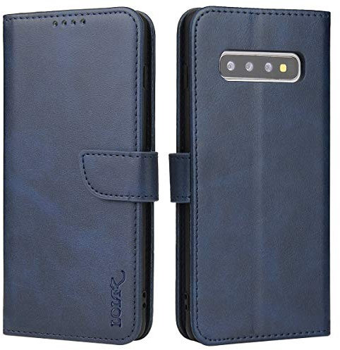 LOLFZ Wallet Case for Samsung Galaxy S10 Plus, Vintage Leather Book Case with Card Holder Kickstand Magnetic Closure Flip Case Cover for Samsung Galaxy S10 Plus - Blue