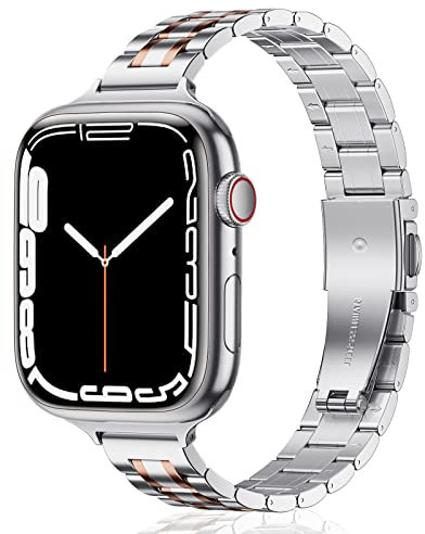 HEKAI Metal Straps Compatible with Apple Watch Strap 40mm 41mm 38mm, Slim Small Adjustable Stainless Steel Replacement Band iWatch Ultra Series 8/7/6/5/4/3/2/1,SE (38mm/40mm/41mm, Silver&Rosegold)