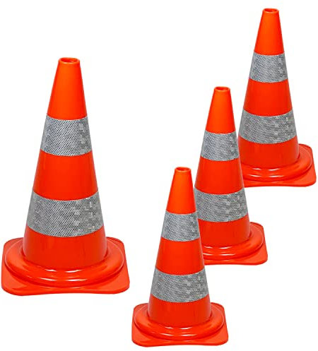 UvV Leitkegel Warnleitkegel Pylon, 4 Stück Set Kegel orange mit stark reflektierenden Folienstreifen, stapelbar, ca. 50 cm hoch (Orange-RA2-Reflex)