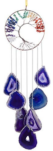 KYEYGWO 7 Chakra Baum des Lebens Hängeornament mit Violett Achat Scheiben, Heilung Kristall Aufhängene Handgemacht Edelstein Windspiel Traumfänger Hängedeko für Haus Hochzeit Souvenir