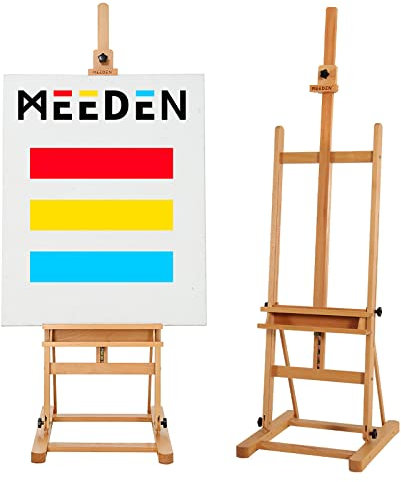 MEEDEN H-Frame Studio Easel, Artist Floor Easel with Large Storage Tray, Solid Beech Wood Adjustable Tilting Art Easel, Professional Display Easel Stand with Sturdy Base,Hold Canvas up to 48, Natural