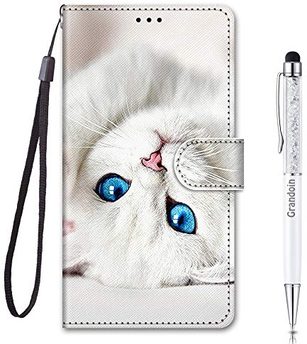 Grandoin Kompatibel mit Xiaomi Mi 10T Lite 5G Hülle, Handyhülle im Brieftasche-Stil, Handytasche PU Leder Flip Cover Kreative Muster Book Hülle Case Schutzhülle für Xiaomi Mi 10T Lite 5G (Weiße Katze)