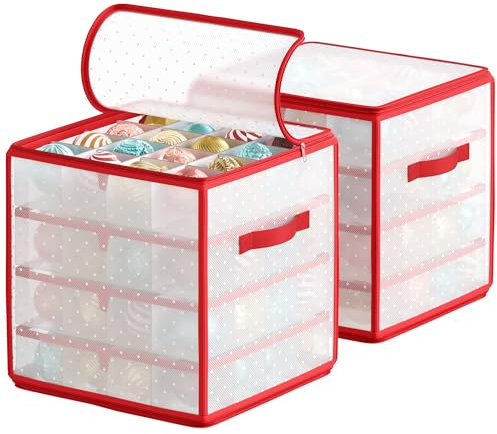 SONGMICS Aufbewahrungsbox für Weihnachtskugeln, 2er Set, Weihnachtskugeln Aufbewahrung, insgesamt 128 Fächer je 7,6 cm, herausnehmbare Tabletts, je 33,5 x 33,5 x 34 cm, kirschrot RFB029T02