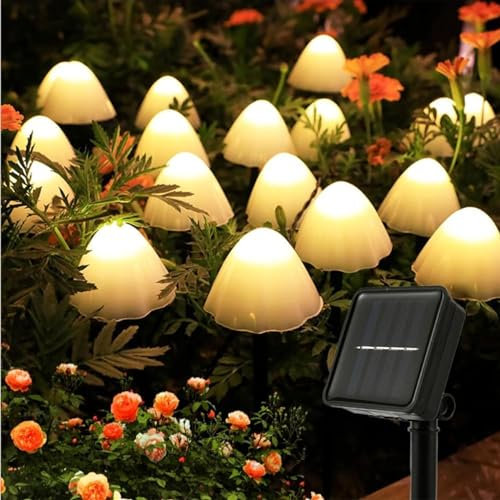 HULPPRE Set of 15 Warm White 8 Modes 9M Mini Mushroom Solar Lights Solar Path Lights Outdoor Decoration Fairy Color Changing Solar Fairy Lights for Garden Backyard Lawn Party Christmas
