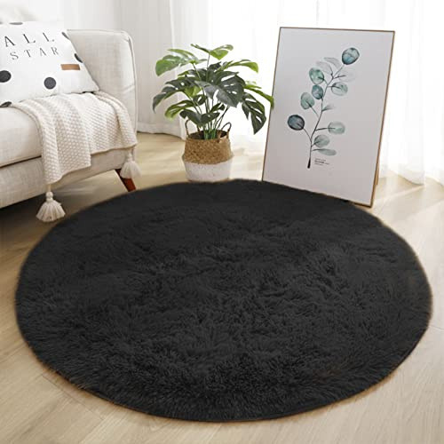 Lifup Teppich Shaggy Anti Rutsch Pflegeleicht, Rund Langflor Teppich für Wohnzimmer Schlafzimmer Kinderzimmer Schwarz 130 cm
