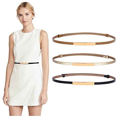 WERFORU 3 Stück Damen Dünner Ledergürtel Verstellbarer Fashion Dünner Taillengürtel für Kleid (Anzug für Taillengröße 60cm-100cm, L-Schwarz+Braun+Golden)