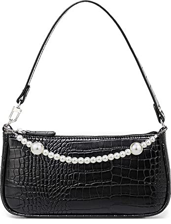 Right 20 Damen Umhängetasche Klein Weiß Mini Schultertasche mit Perlenkette 90s Handtasche Frau Vintage Shoulder Mini Handtasche Clutch Geldbörse Messenger Bag