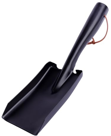 AHUIJ Metal Garden Ash Shovel, Black Steel, Compact Size with Leather Strap, for Fireplace, BBQ, Charcoal Cleanup