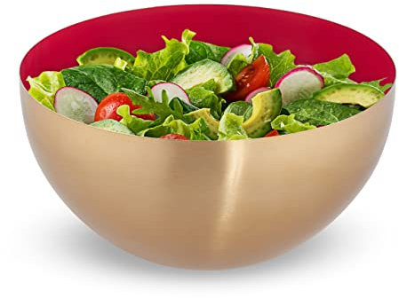 Relaxdays Servir Ensaladera Redonda Fiore Doro, Frutero Acero INOX, Cuenco Repostería, Bol Cocina 3,5L, Rojo y Dorado, Inoxidable, 12,5 x 25 cm