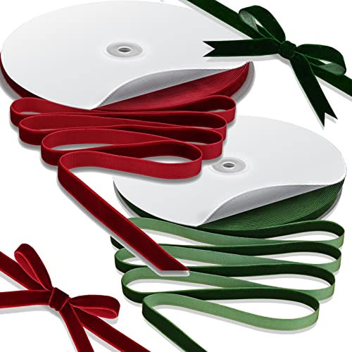 FATCAT Samtband Set - 2 Farben: Weinrot & Dunkelgrün - Je 1cm x 27m auf Spule - Vintage Geschenkband für Geschenke, Hochzeitsdeko, Blumen, DIY Basteln (30 Yards Weinrot + Dunkelgrün)