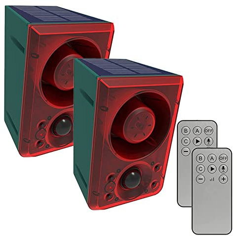 Solar Bewegungsmelder Alarmleuchte Außen,KINGCOO LED Sicherheitsalarm Warnung Blinklicht 130db Sirene Schussgeräuschen und Hundebellgeräusch Aufnahmefunktion für Bauernhof Villa Scheune Hof (2PCS)