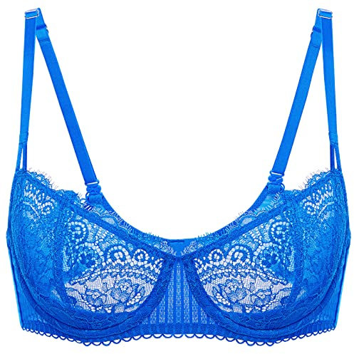 DOBREVA Women's Lace Balconette Bra Half Cup Non Padded Push Up Underwire Sheer Bras Sky Blue 34DD