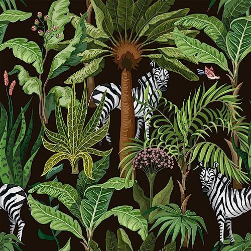 VEELIKE Papier Peint Tropical Jungle Zèbre Mural Papier Peint Fleur Noir Vintage Papier Peint Adhesif Feuilles Papier Adhésif pour Meuble Salon Stickers Muraux Salle de Bain Chambre 44.5cm×300cm