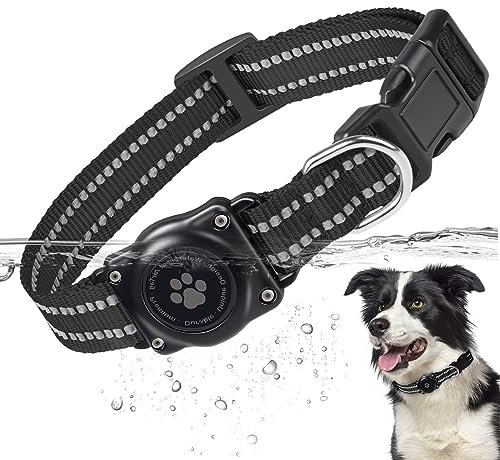 Airtag Hundehalsband, 100% Wasserdicht Integriertes Apple Air Tag Hundehalsbänder, Reflektierendes GPS Hundehalsband mit Hartem PC AirTag Halter Hülle für Kleine Mittlere Große Hunde (Schwarz)