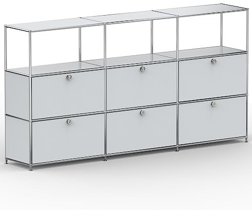 SYSTEM8X Highboard 03523 Lichtgrau 227x40x118cm - Modernes Chrom Design mit 3 offenen Fächern und 6 Klappen, Stellfüße - Für Wohnzimmer, Büro, Praxis